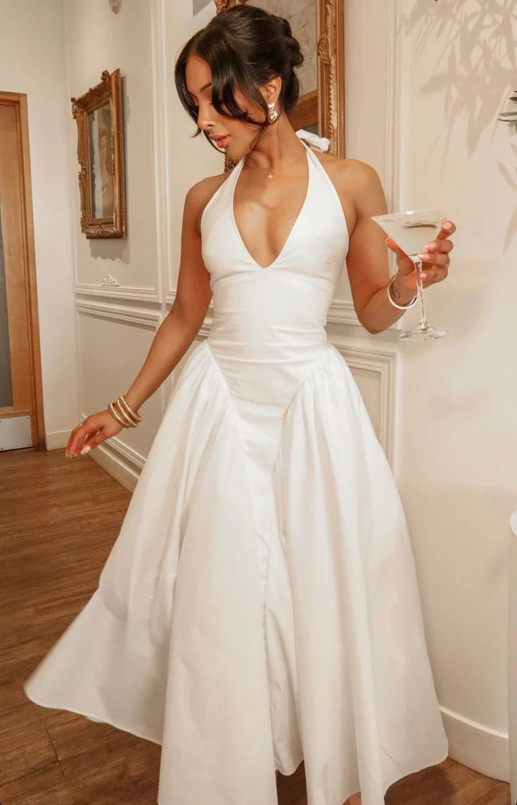 TingPo Wholesale Unique Vintage A line Halter White Satin Evening Dress Ankle Length Prom Dresses